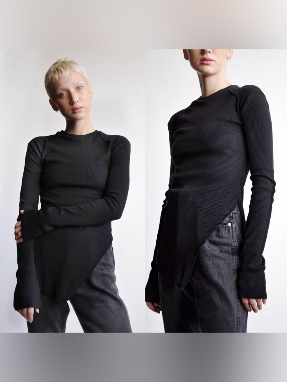 FASE Sweater- Black Asymmetrical Long Sleeve Ribbed Tee, Noctex, Industrial